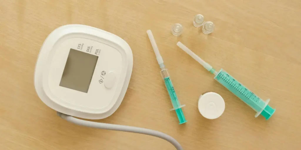 Digital blood pressure monitor and syringes on a wooden table representing artificial intelligence in healthcare monitoring.